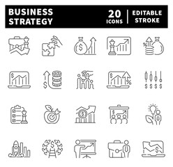 Poster - Business strategy icons set in line style.  Set of outline icons related to business. Finance, sales, strategy, plan, business icons