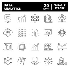 Poster - Set of thin line icons related to data analytics. Database, statistics, analytics, server, monitoring, computing, network, analytics icons