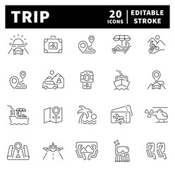 Poster - Trip web icons in line style. Thin line icons set related to trip and journey.
