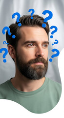 Poster - Close-up of man with beard, surrounded by blue question marks, conveying uncertainty or contemplationFree space for text
