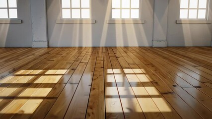 Poster - Sunlight Dance on Wood Floor:  Geometric interplay of sunbeams and shadow in a minimalist interior, a harmonious composition with an aesthetic of light and space.