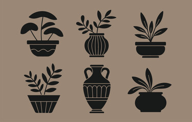 Poster - Collection of six stylish black plant pot and vase silhouettes on a taupe background