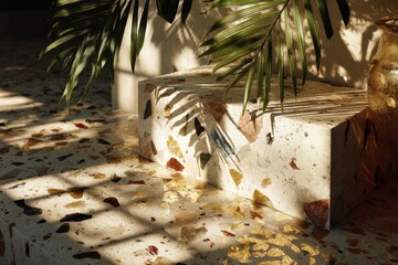 Poster - Palm leaf in glass vase casting shadows on neutral wall, terrazzo floor and stone blocks