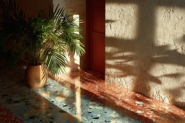 Poster - Palm leaf in glass vase casting shadows on neutral wall, terrazzo floor and stone blocks