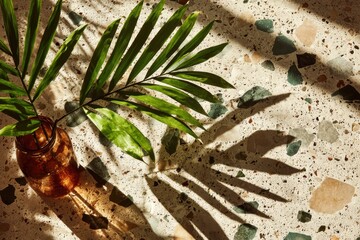 Poster - Sunlight and shadows dance around a leaf in a vase on a terrazzo surface, capturing the essence of a bright, sunny afternoon