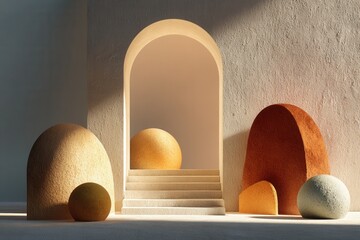 Fototapete - Abstract turquoise and beige archway creates a captivating entrance to a warmly lit space with potted flower arrangement