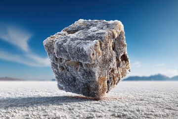 Poster - Ice cube resting on a frozen lake at sunset in Northern Scandinavia, Europe, with snow and city lights in the background