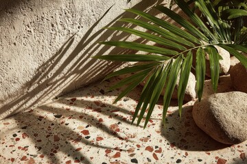 Poster - Sunlight and shadows dance around a leaf in a vase on a terrazzo surface, capturing the essence of a bright, sunny afternoon