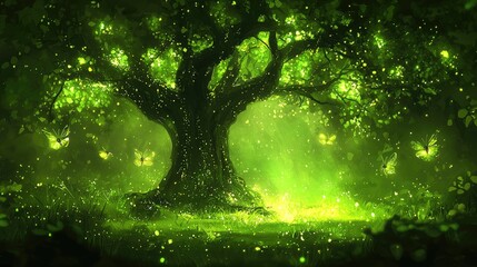 Poster - Enchanting glow of fireflies under a majestic oak tree in a lush green forest fantasy art dreamy landscape
