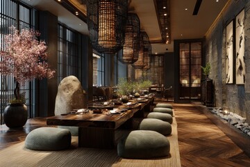 Poster - Elegant restaurant interior featuring dark wood table, round seat cushions, tall lanterns, and blooming tree displays an exquisite dining experience