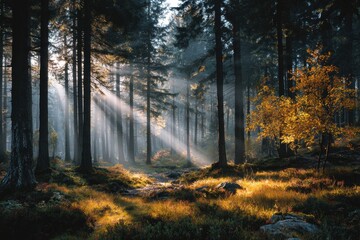 Fototapete - Sunlight streams through the dense trees illuminating the footpath and fern glades in a tranquil morning in the forest