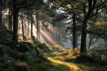 Fototapete - Sunlight streams through the dense trees illuminating the footpath and fern glades in a tranquil morning in the forest