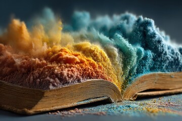 Poster - Open book with an explosion of colorful powders suggesting knowledge and imagination, conveying powerful ideas, and an exciting learning experience
