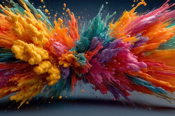 Poster - Colorful fluid artwork with vibrant orange, yellow, pink, and blue hues creating a flowing splash effect with numerous small droplets on a dark background