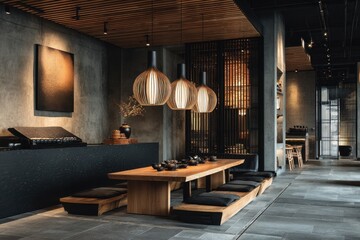 Poster - Interior Of elegant upscale Restaurant in the evening, with blossom tree, sleek tables, comfortable seating, dark accents, and warm lighting