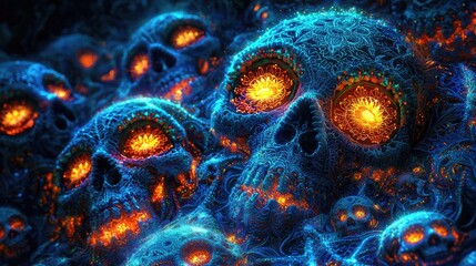 Poster - Eerie spectacle of glowing skulls dark fantasy realm digital art mystical setting close-up view surreal concept
