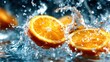 ©  Shomixer - Vibrant orange slices creating splashes in clear water, capturing the essence of freshness and vitality, perfect for food-related contexts or energetic imagery.