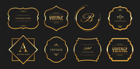 Wall Mural - Golden decorative frame set. Vector vintage frames. Gold logo emblems. Badges for brand label. Greeting card design elements