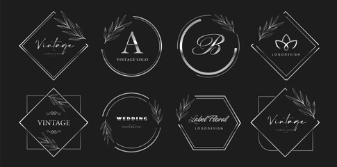 Wall Mural - Silver decorative frame set. Vector vintage frames. Logo emblems. Badges for brand label. Greeting card design elements
