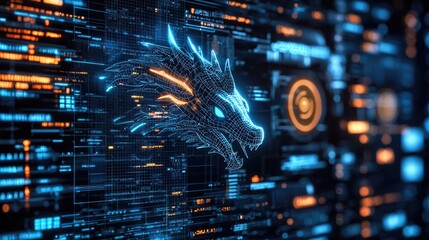 Poster - Digital dragon emergence virtual realm high-tech art futuristic close-up cybernetic concept
