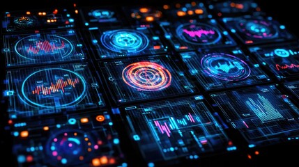 Aufkleber -  Data visualization dashboards displaying metrics digital environment interactive content futuristic concepts