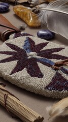 Aufkleber - Close up of Intricate Beadwork on Natural Fibers and Feathers Showcasing Vibrant Craftsmanship