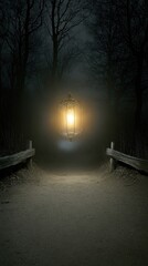 Poster - Fog Envelops Forest Path Illuminated by Glowing Lantern Near Fallen Branches at Night