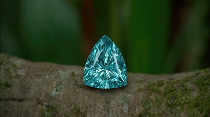 Aufkleber - Paraiba Tourmaline Resting on a Natural Wooden Surface in a Lush Forest Environment