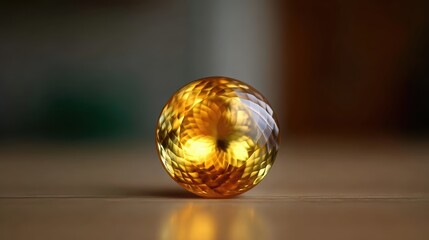 Aufkleber - Bright Yellow Sapphire Sphere Resting on a Wooden Surface With Blurred Background