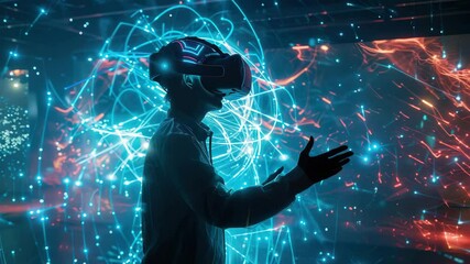 Poster - Engaging experience with virtual reality in a futuristic environment filled with dynamic light patterns and digital visuals