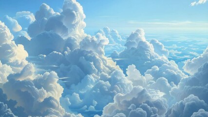 Poster - Beautiful fluffy clouds in a clear blue sky over a serene ocean, creating a tranquil atmosphere and perfect for relaxation