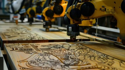 Aufkleber - Advanced robotic arms engraving intricate designs on wooden surfaces in a high-tech workshop environment