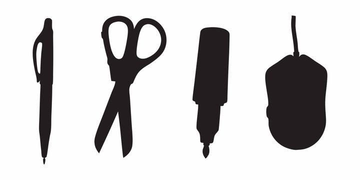 Office supplies silhouette vector graphic featuring pen scissors marker and computer mouse design asset element
