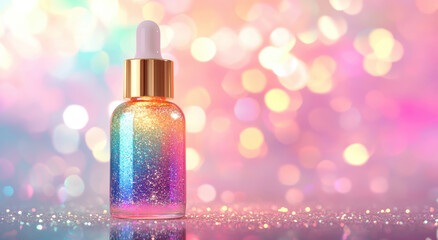 Poster - Shimmering glass bottle with dropper cap stands against colorful bokeh background