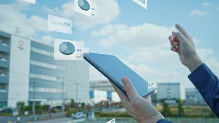 Poster - タブレット, 建設, ビジネス, 産業, 工場, 点検, メンテナンス, データ, dx, デジタル, 書類, グラフ, 分析, チェック, 物流, 倉庫, ロジスティクス, 未来, サイバー, ict, it, 画面, アプリ, システム, ソフトウェア, ビル, 青空, 男性, エンジニア, 作業員, 経営, 測量, 安全, 確認, レポート, 都市, 計画, プラン, 設計, 技術者, テク