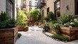 © Sampao - Small urban yard with gravel carpet, stacked planters, and tidy, low-effort plant layout