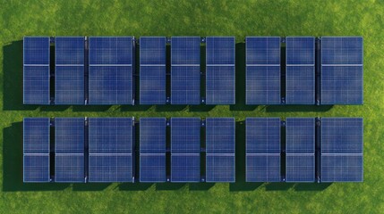 Solar panel array on green field capturing sunlight for renewable energy
