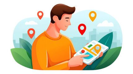 Poster - Man using map app location pin gps navigation travel destination route find direction search journey explore on transparent background