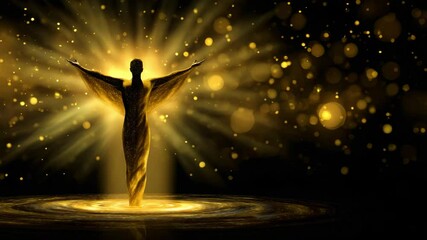 Poster - Ethereal Entity Surrounded by Radiant Light and Sparkling Particles Emitting Warm Golden Glow