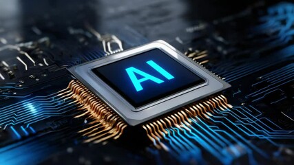 Poster - Close-up View of AI Chip with Blue Lighting on Circuit Board for Technology and Innovation Themes