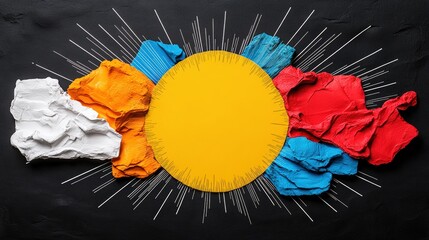 Poster - Vibrant artistic collage featu painted crumpled paper in bright white orange red and blue with yellow circle centerpiece and dynamic radiating lines on black background