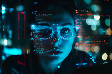 software, coding hologram and woman on tablet thinking of data analytics, digital technology and nig