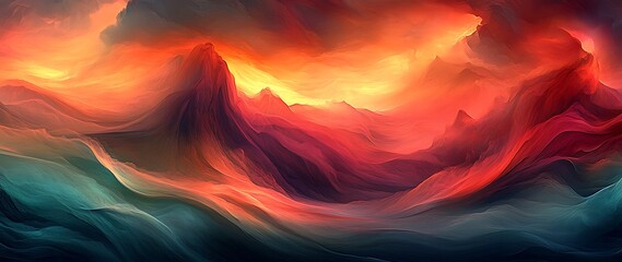 Poster - Abstract Landscape of Fire and Ice Hues in a Dreamlike Composition