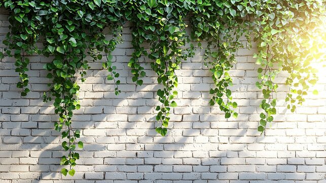 The urban loft style with lush green plants hanging on the white brick wall, the realistic interior design combines greenery and natural elements, suitable for modern home decoration.
