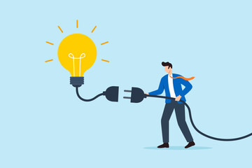 Poster - Flat illustration of businessman connecting power cable to glowing lightbulb new idea creativity innovation energy success invention and problem solving
