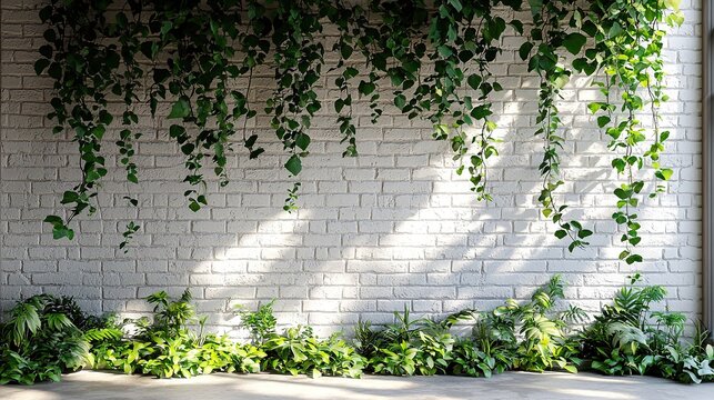 The urban loft style with lush green plants hanging on the white brick wall, the realistic interior design combines greenery and natural elements, suitable for modern home decoration.