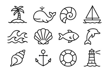 Poster - A collection of marine life and nautical elements line art icons including palm tree, whale, seashell, sailboat, and dolphin. Ideal for coastal themes.