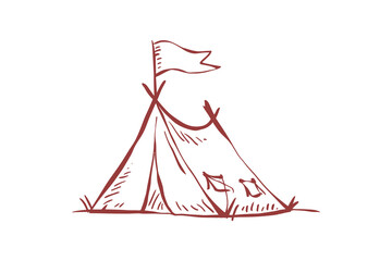 Poster - Hand Drawn Tent with Flag Vector Illustration in Brown Color