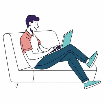 Man relaxing on sofa working on laptop computer