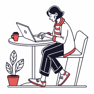 Woman working on laptop at cafe table plant coffee